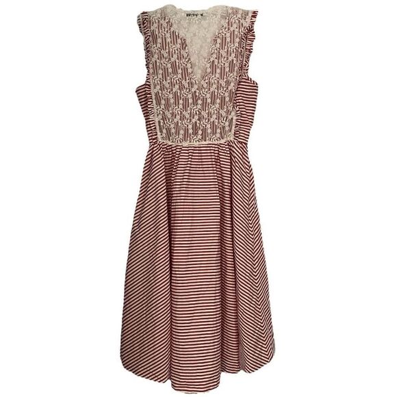 Sandro Red & White Striped Lace Back High Low Midi Dress Size 1/Extra Small - Picture 2 of 7